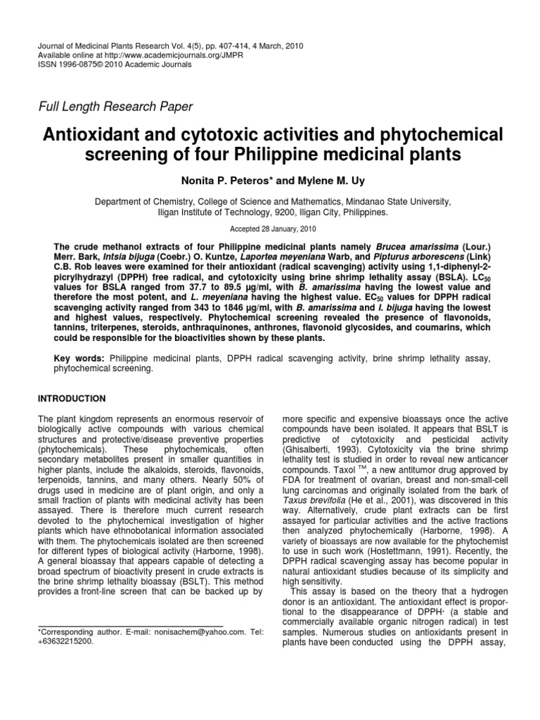 Antioxidant and Cytotoxic Activities and Phytochemical Screening of ...