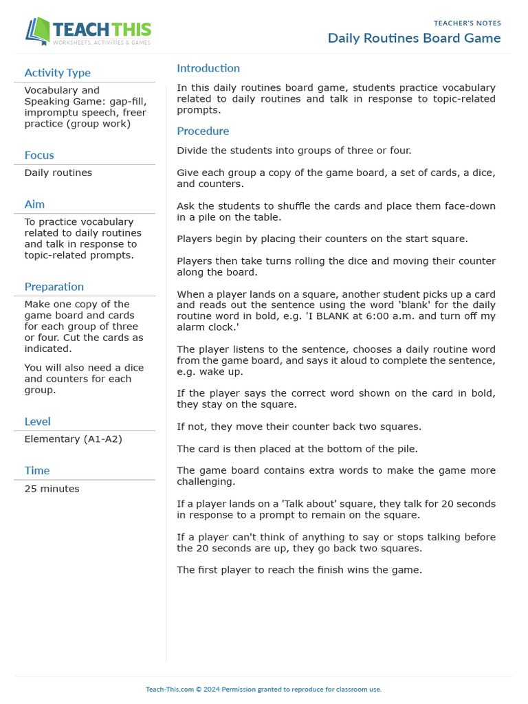 Daily Routines Vocabulary Game | PDF