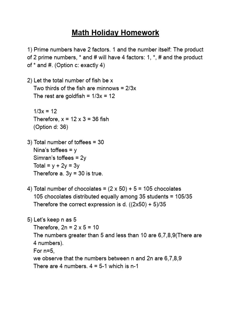 Math holiday homework pdf