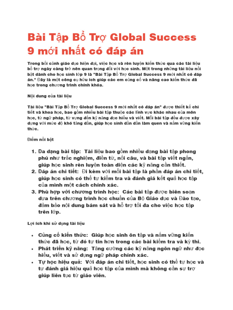 Bài Tập Bổ Trợ Global Success 9 Mới Nhất Có Đáp Án | PDF