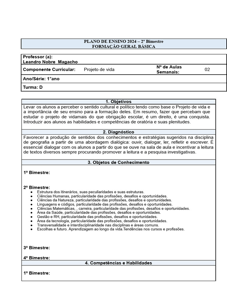 Plano de Ensino 2024: Projeto de Vida 1º Ano | PDF | Aprendizado | Imagem