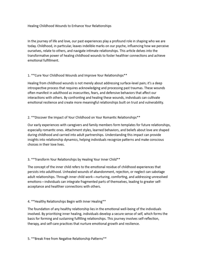 Healing Childhood Wounds To Enhance Your Relationships Pdf
