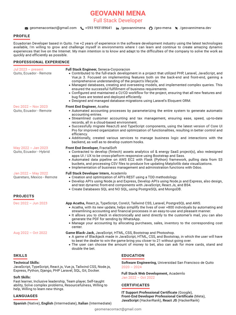 Full Stack Developer Geovanni Mena | PDF | Bootstrap (Front End ...