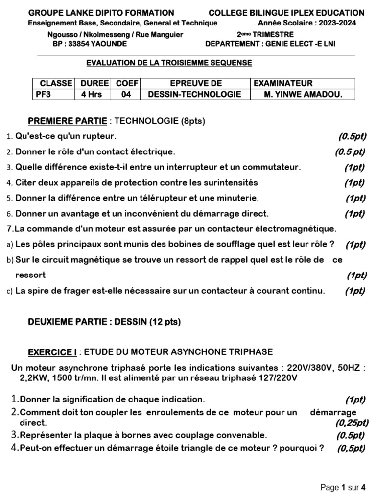 Épreuve Dessin Technologie PF3 2024 | PDF | Équipements électriques ...