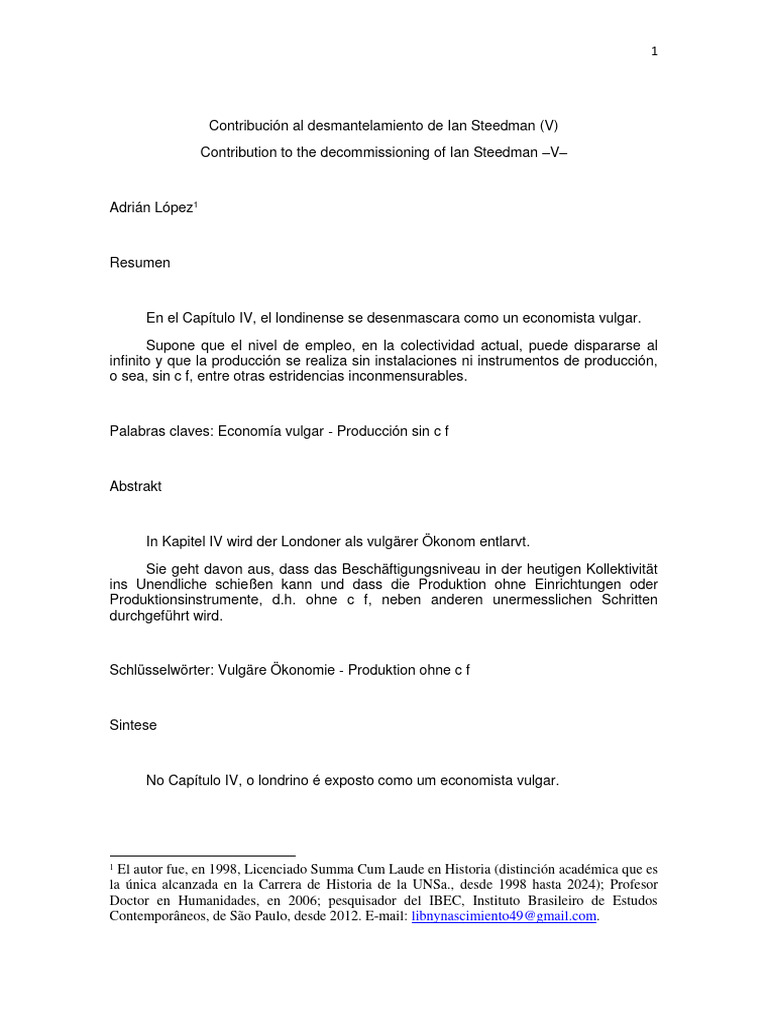 Contribution to the of Ian Steedman V Contribución al