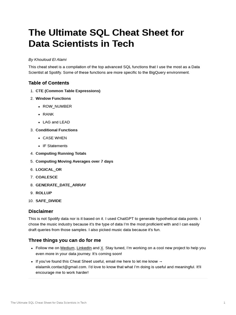 The Ultimate SQL Cheat Sheet For Data Scientists in Tech | PDF ...