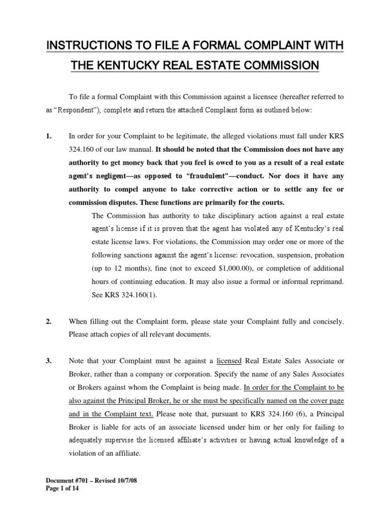 Instructions To File A Formal Complaint With The Kentucky Real Estate