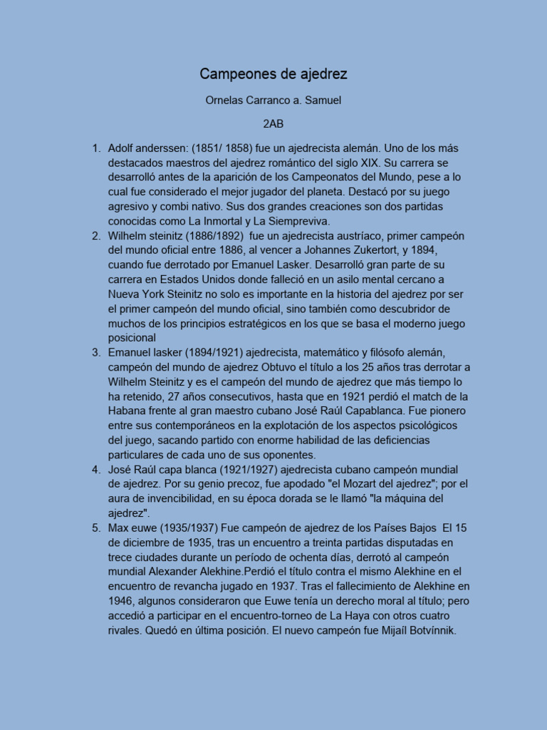 Campeones de Ajedrez a lo Largo de la Historia | PDF | Campeonato ...
