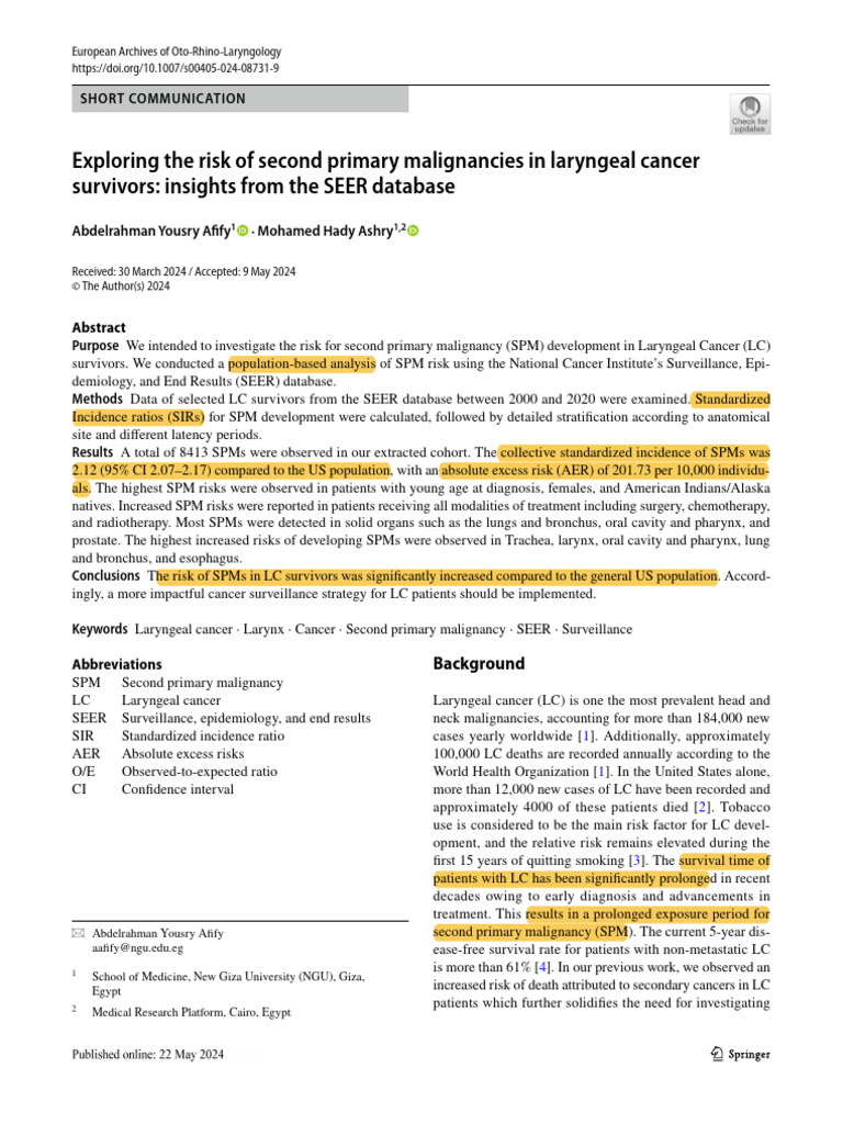 Exploring The Risk of Second Primary Malignancies in Laryngeal Cancer ...