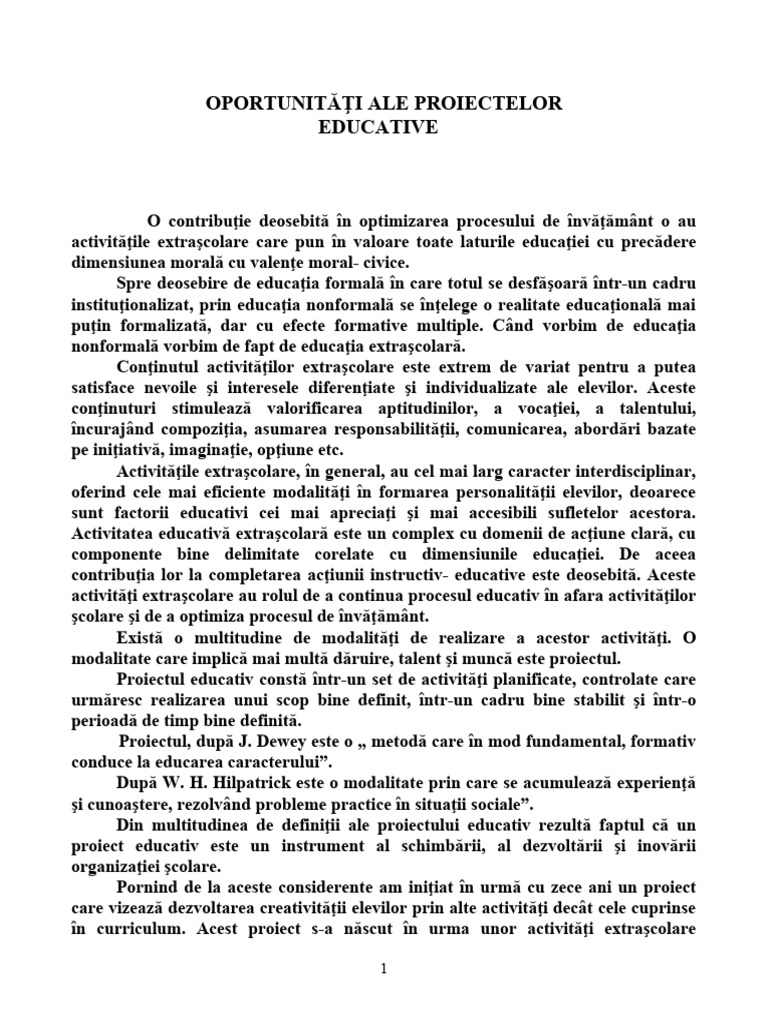 Oportunităţi Ale Proiectelor Educative | PDF