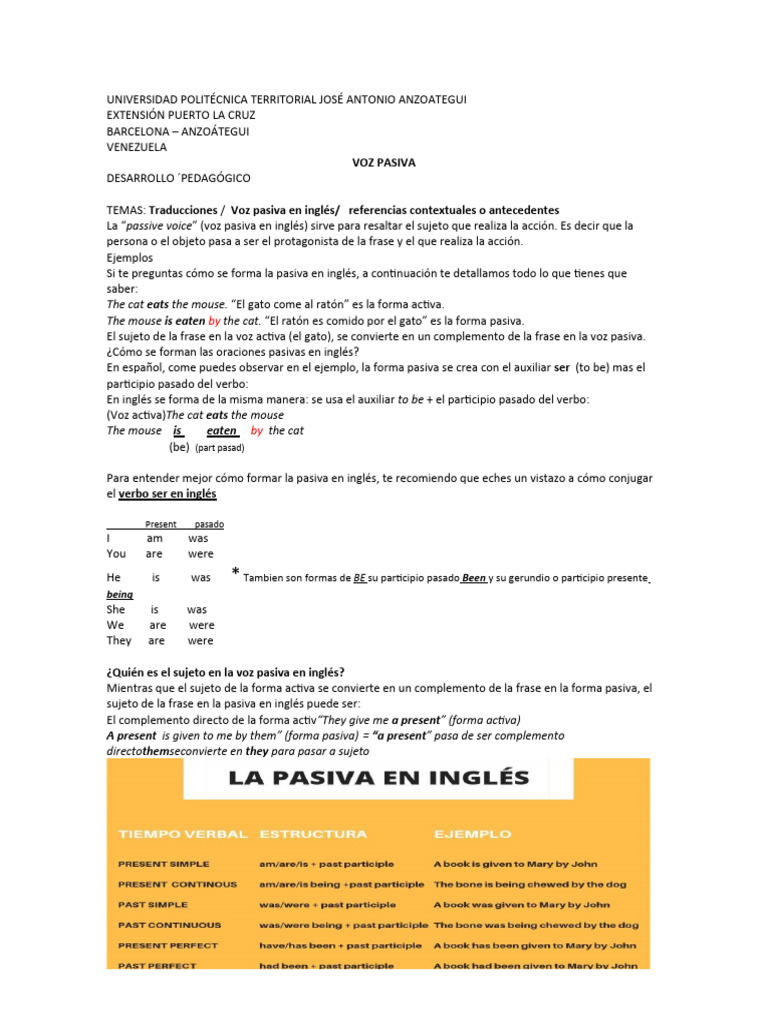 Formación de la voz pasiva en inglés | PDF | Verbo | Asunto (gramática)