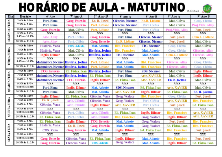 Horário das Aulas por Ano Escolar | PDF