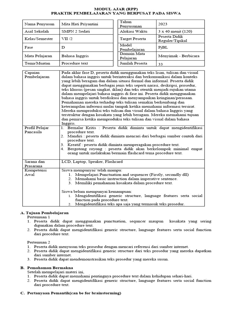 Modul Ajar Procedure Text | PDF