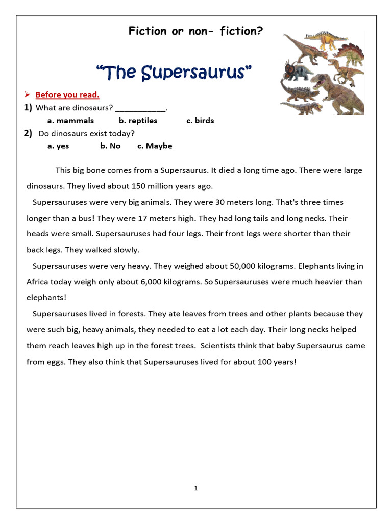 Fiction or Non - Fiction Practice HW | PDF | Elephant | Dinosaurs