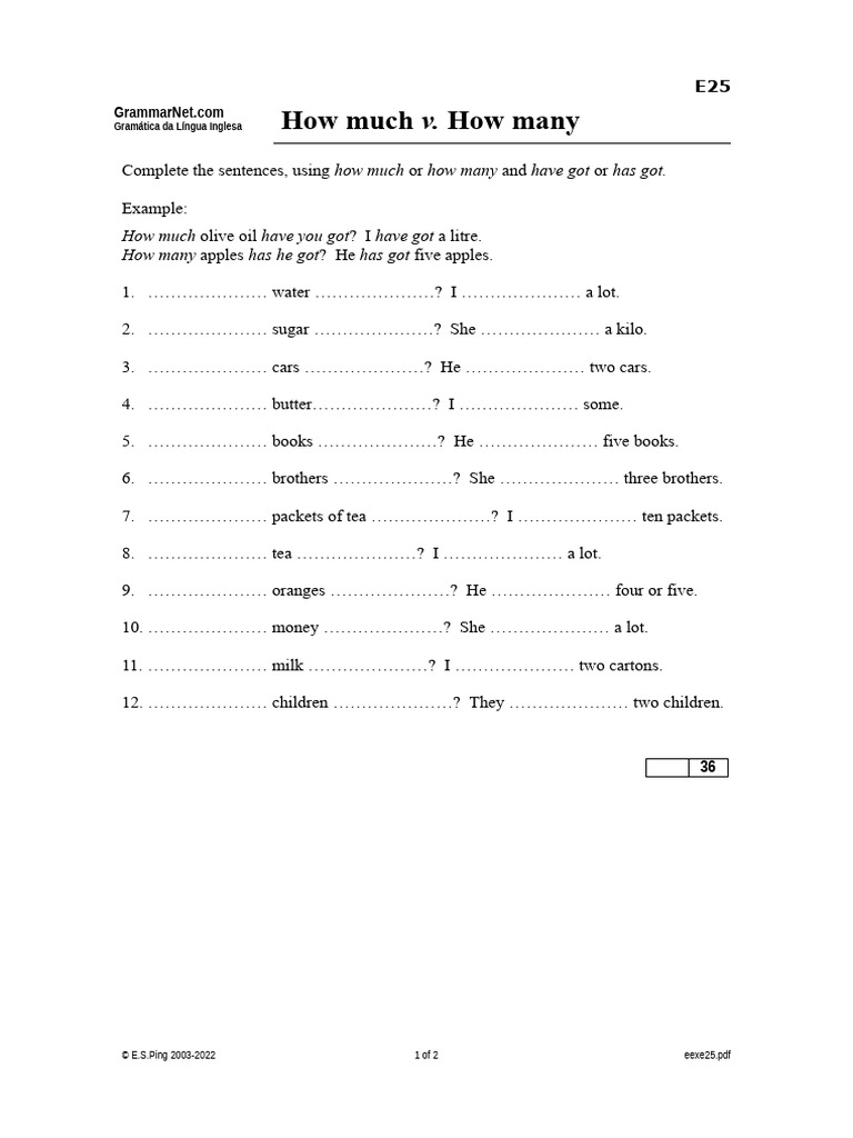 How Much vs. How Many Exercises | PDF | Language Arts & Discipline