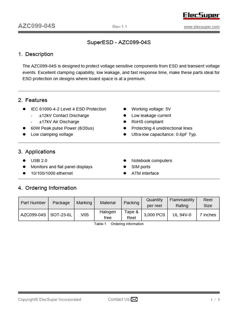 AZC099-04S ESD Protection Datasheet | PDF | Electrostatic Discharge ...