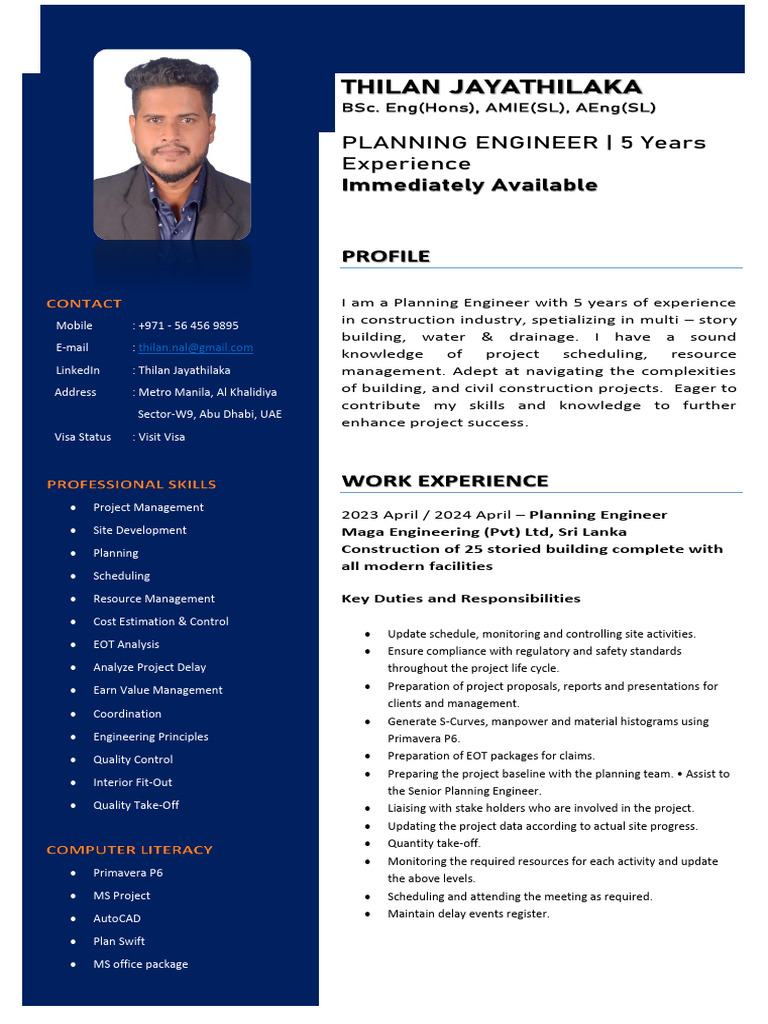 Planning Engineer CV - Thilan Jayathilaka | PDF | Project Management ...