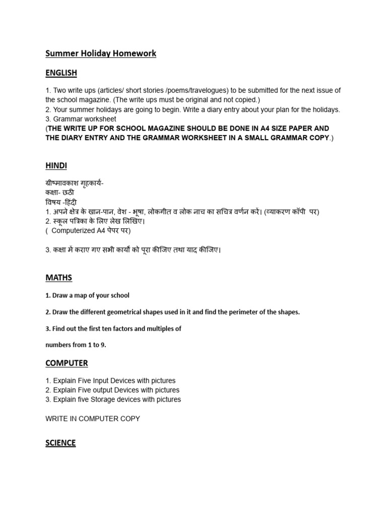 Class 6 Summer Holiday Homework Guide | PDF
