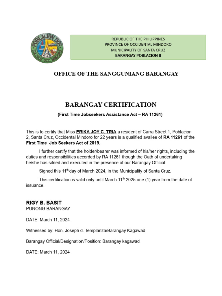Barangay Certification for Jobseekers | PDF