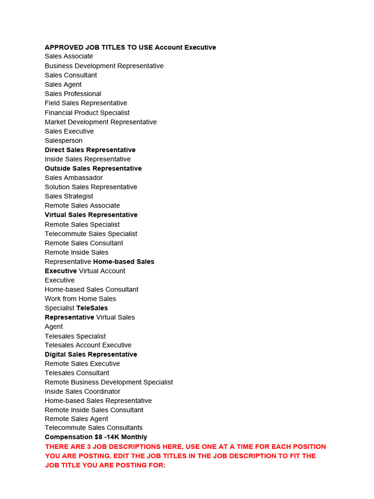 APPROVED JOB TITLES TO USE Test Task PDF Sales Consultant