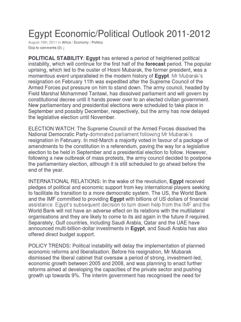 Egypt Economic and Political Outlook 2011 | PDF | Euro | Inflation
