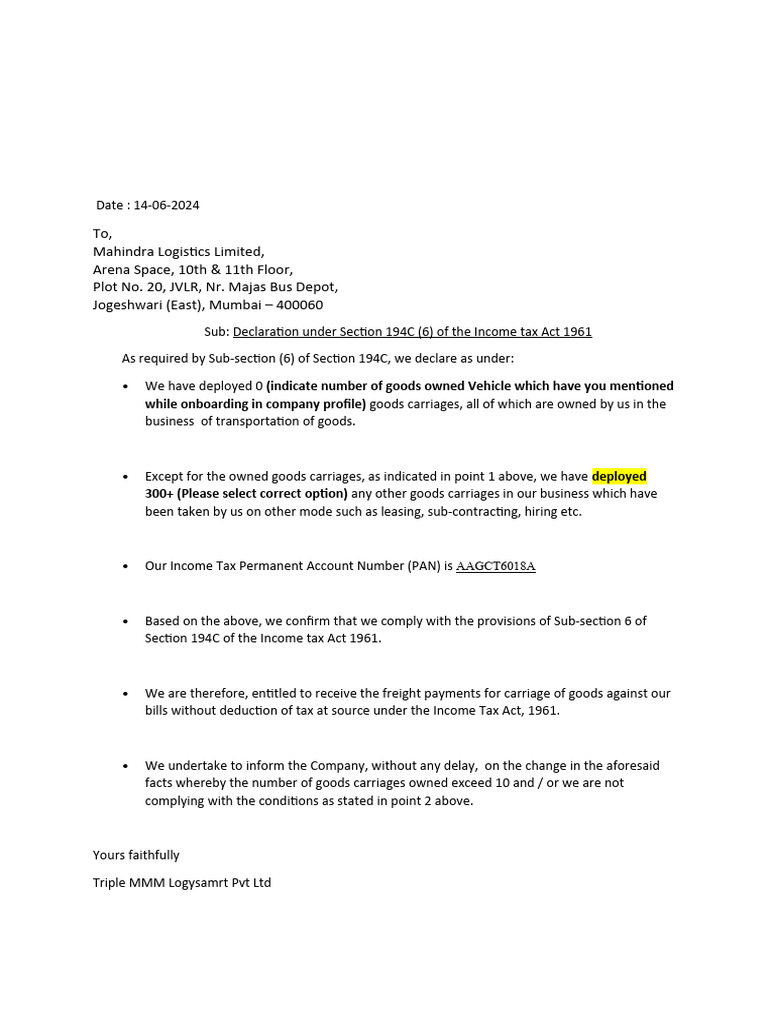 TDS Declaration Template For Transporter Only | PDF | Business | Law