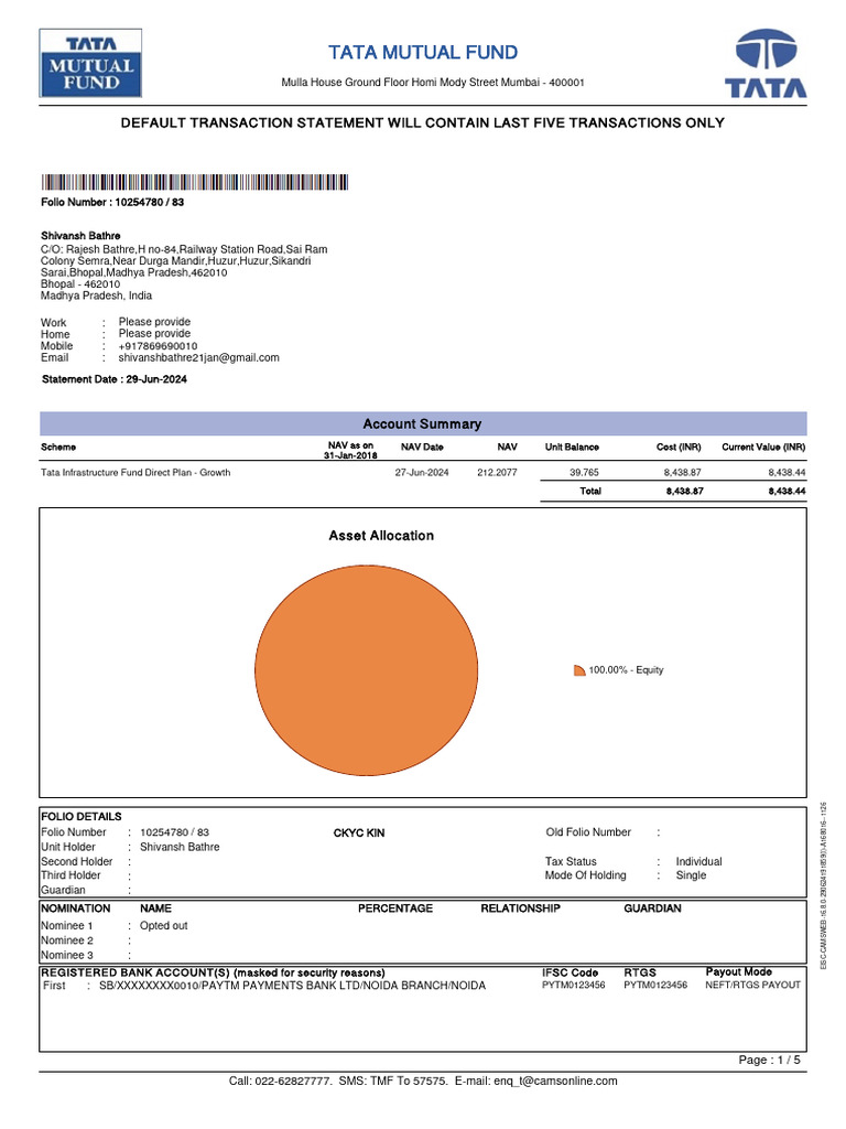 Tata Mutual Fund Transaction Statement | PDF | Cheque | Banks