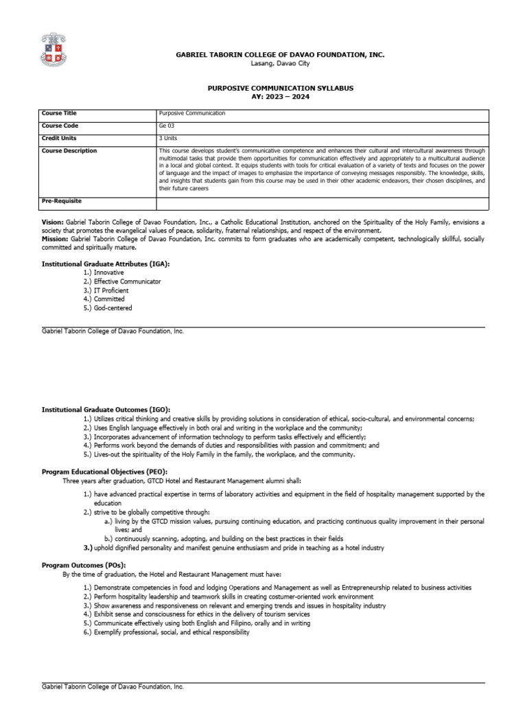 Course Outline - PURPOSIVE COMMUNICATION | PDF | Communication | Cross ...