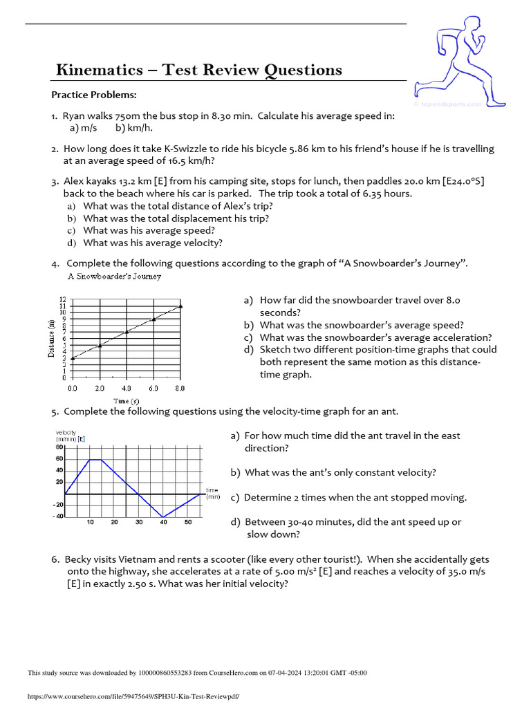 Kinematics Test Review Questions | PDF | Speed | Velocity