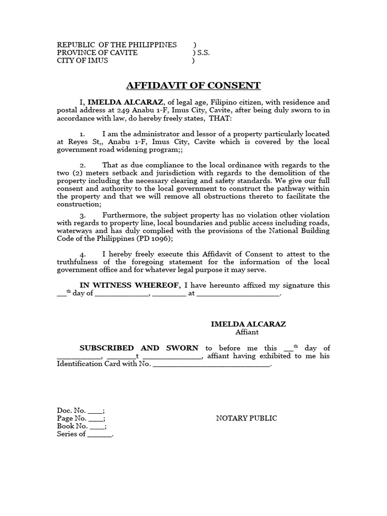 Affidavit of Consent for Property Widening | PDF | Affidavit | Legal ...