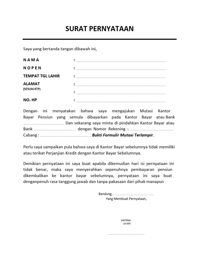 Form Pengajuan Pernyataan Mutasi Taspen Pdf