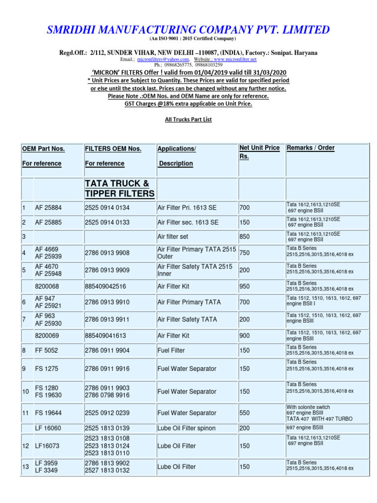Truck and Buses Filters Price List | PDF | Engines | Motor Vehicle