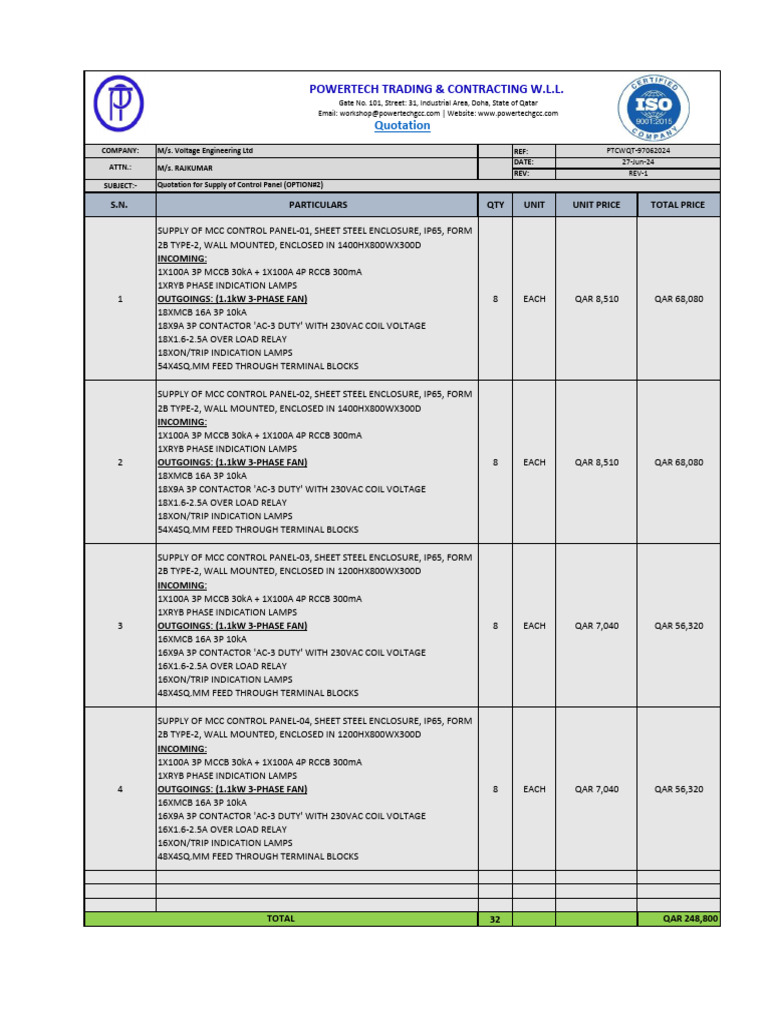 MCC Control Panel Supply Quotation | PDF | Power Engineering | Components