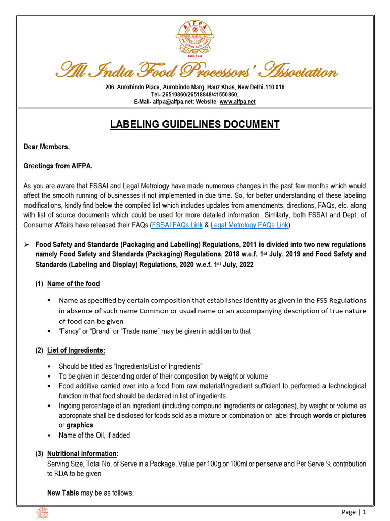 FSSAI Labeling Guidelines Overview | PDF | Food Energy | Fat