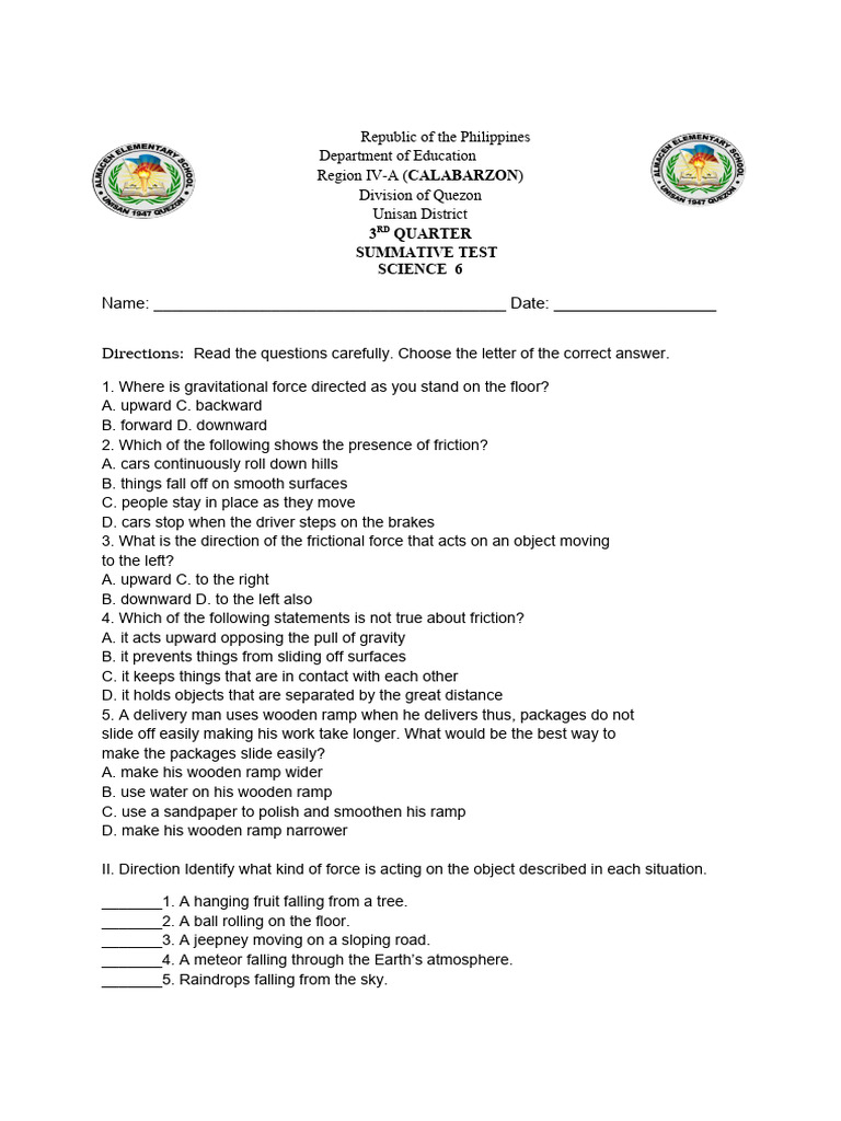 Science 6 Summative Test on Forces | PDF | Force | Friction