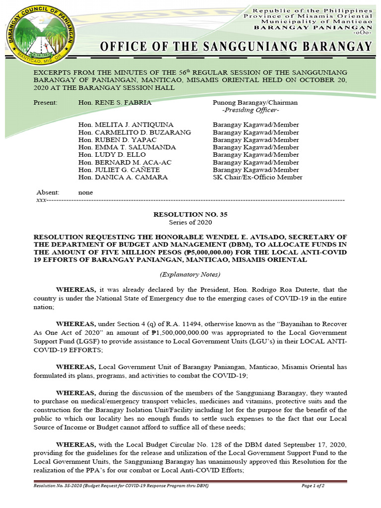 Resolution No. 35-2020 (COVID Request To DBM) | PDF | Government