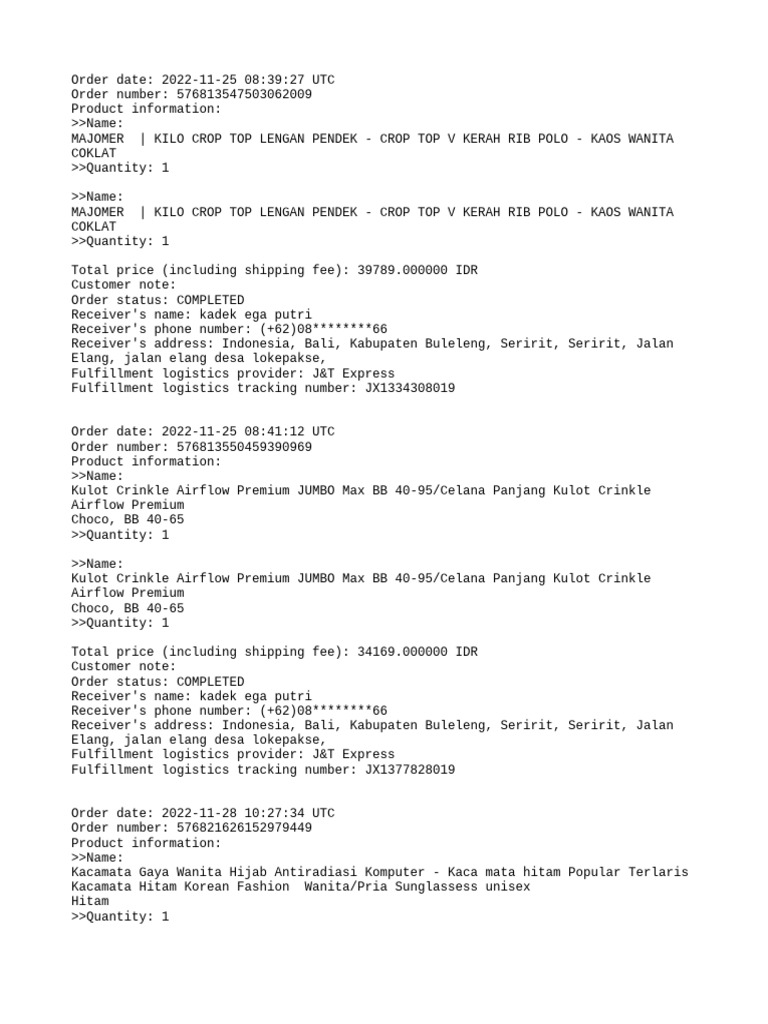 Order History Page Example
