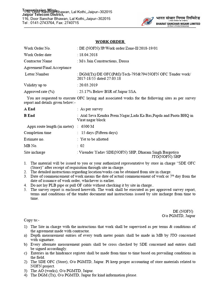 Jaipur Telecom OFC Work Orders 2018 | PDF | Accounting | Metrology