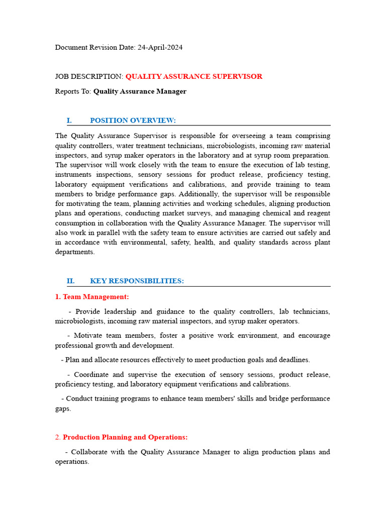 Job Description - Quality Assurance Supervisor - EN | PDF | Quality ...