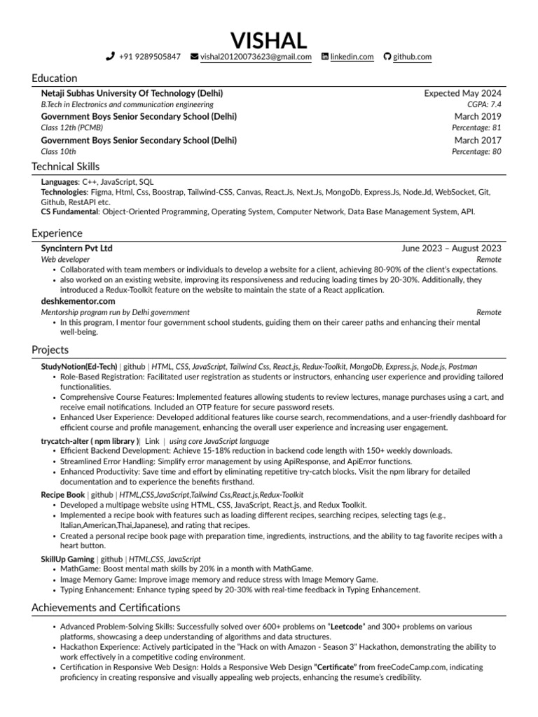 Vishal s resume pdf java script html