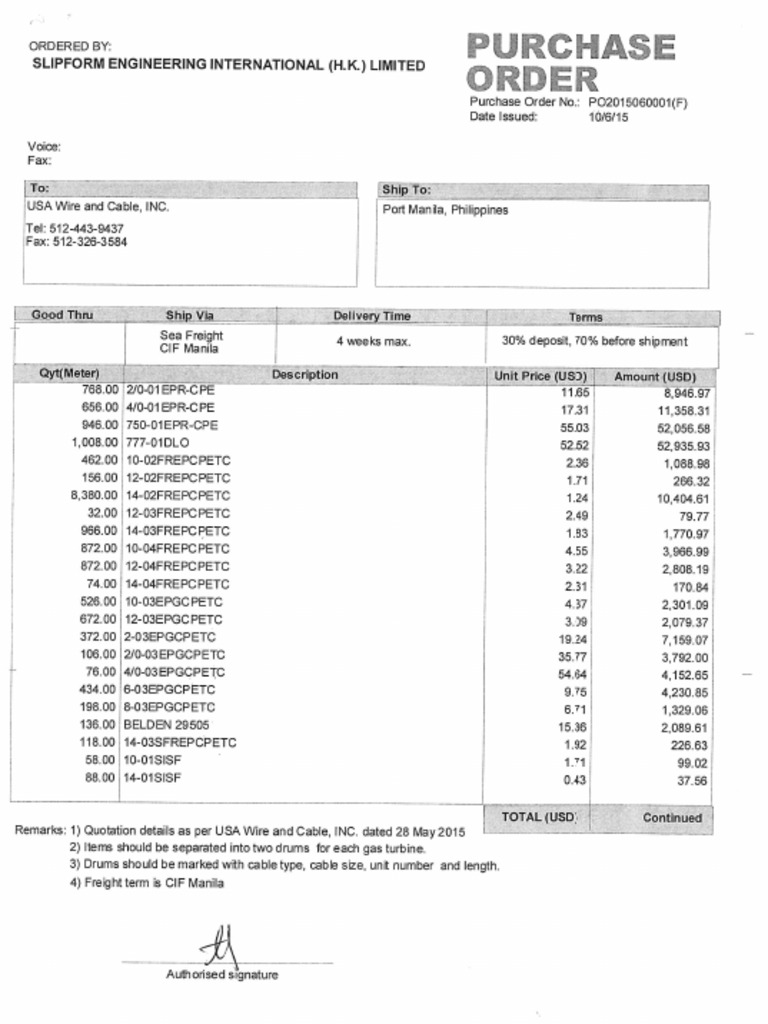 PO of USA Wire & Cable | PDF