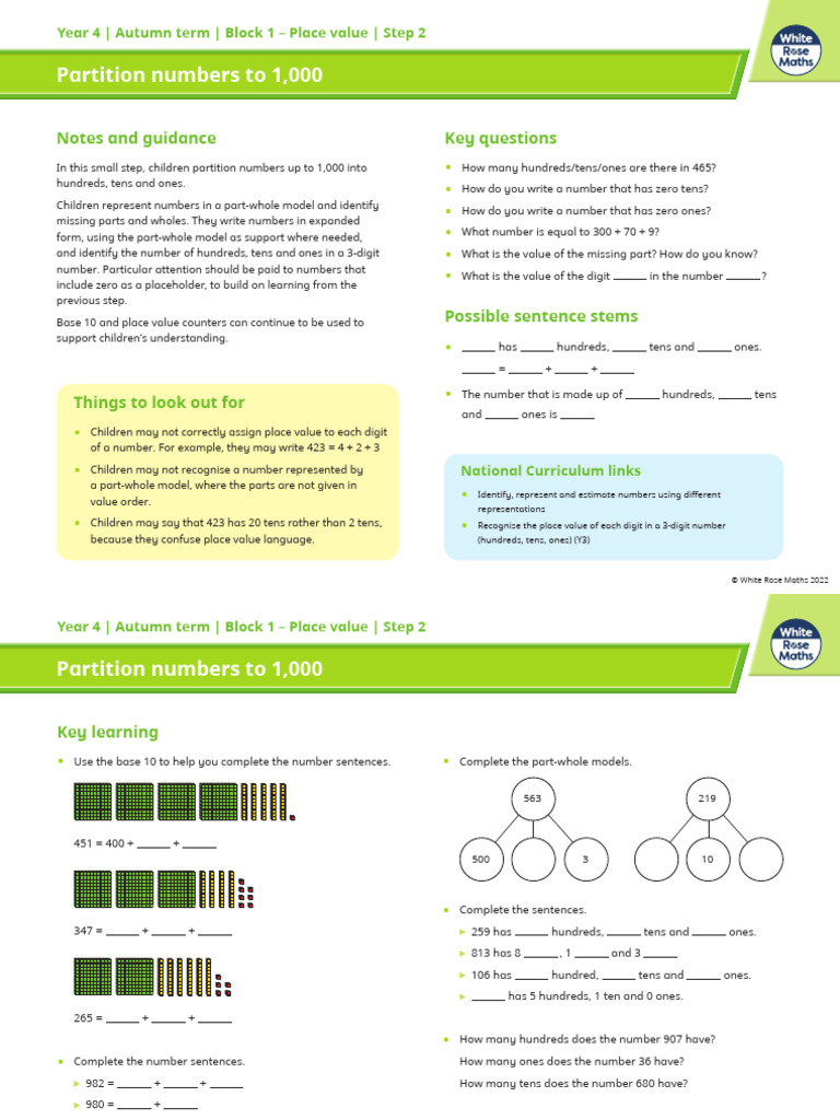 Y4 Autumn Block 1 SOL2 Partition Numbers To 1000 | PDF | Numbers ...