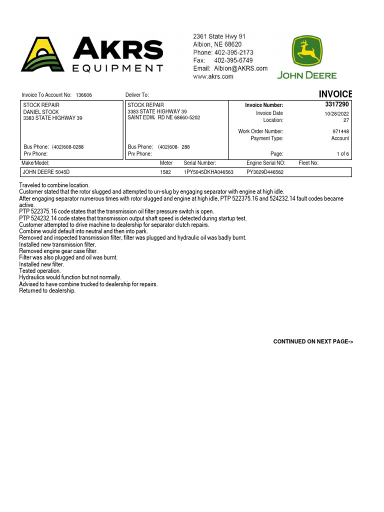 John Deere 5045D Service Invoice | PDF | Engines | Clutch