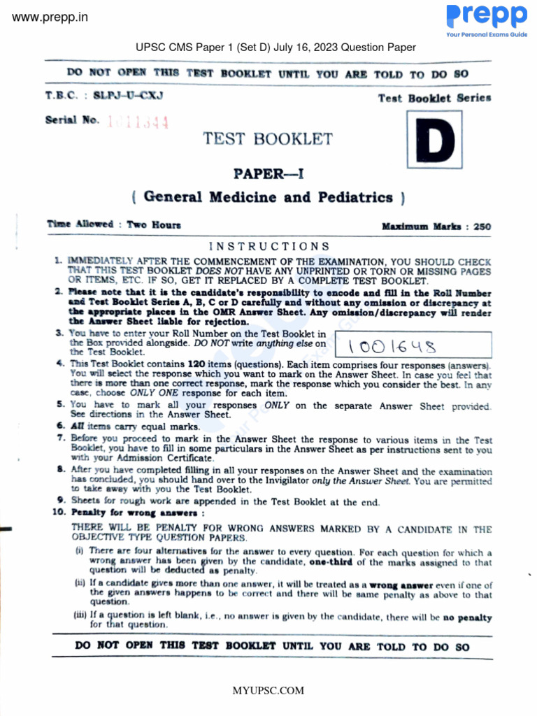 UPSC CMS Paper 1 Set D July 16 2023 Question Paper Bab2776787b0ce4798f14e32449df09b | Download ...