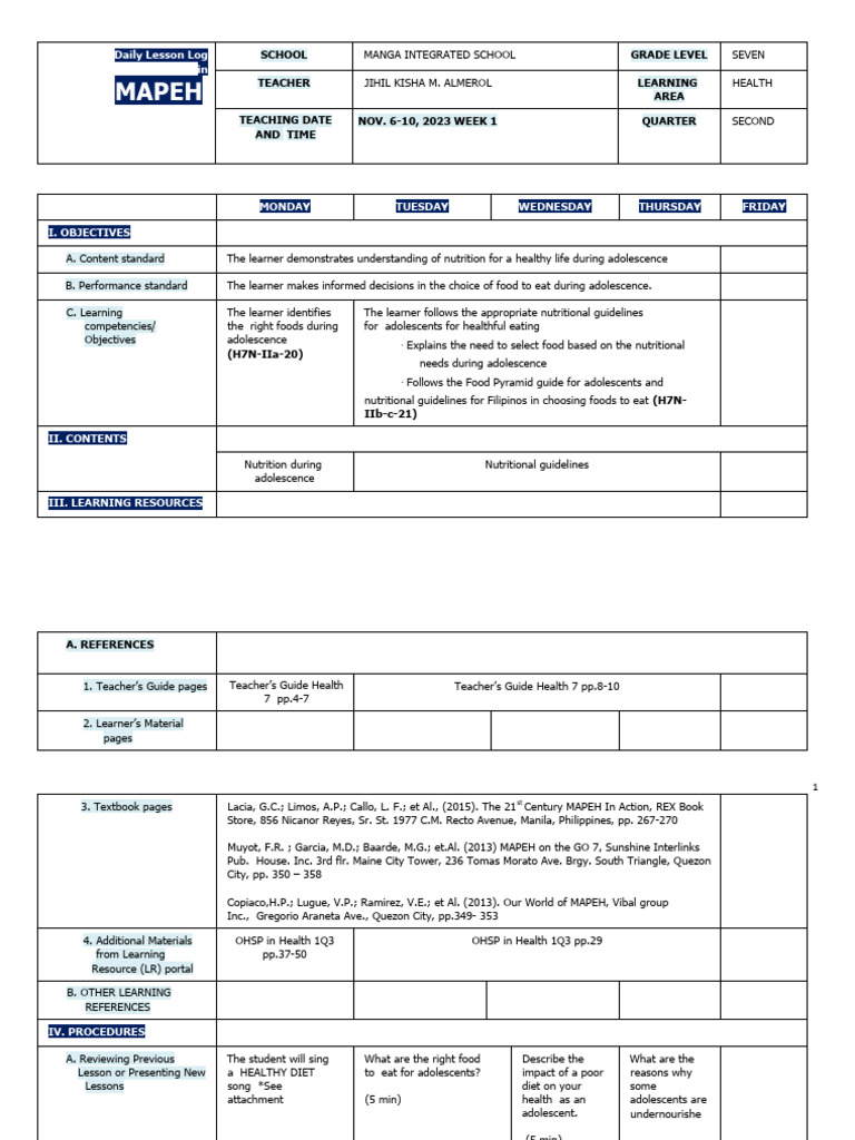 Nutrition Lesson Plan for Grade 7 MAPEH | PDF | Foods | Diet (Nutrition)