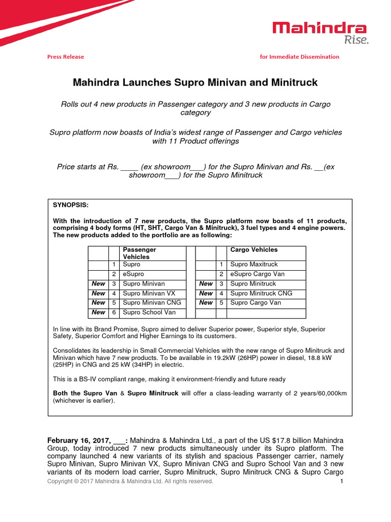 Mahindra Launches Supro Minivan & Minitruck | PDF | Pickup Truck | Van