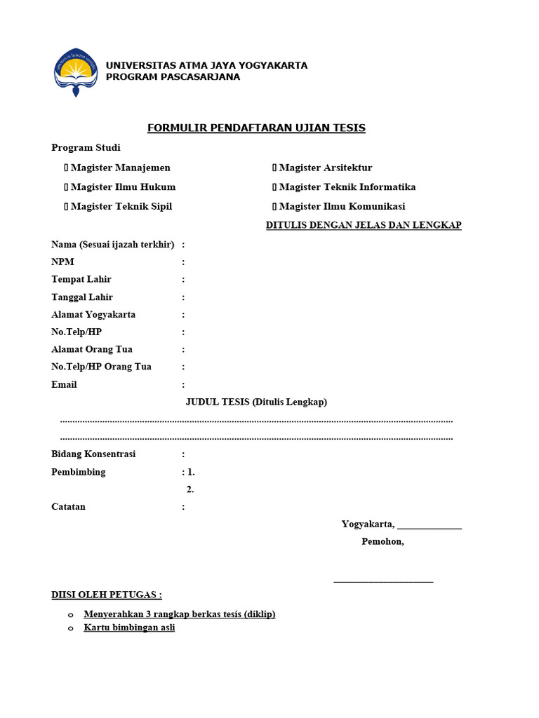 Formulir Pendaftaran Ujian Tesis Pascasarjana | PDF