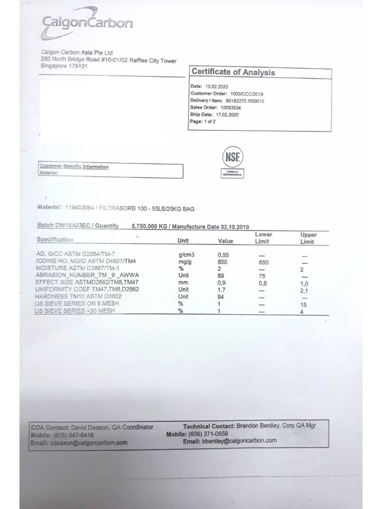 Coa Activated Carbon Calgon F 100 | PDF