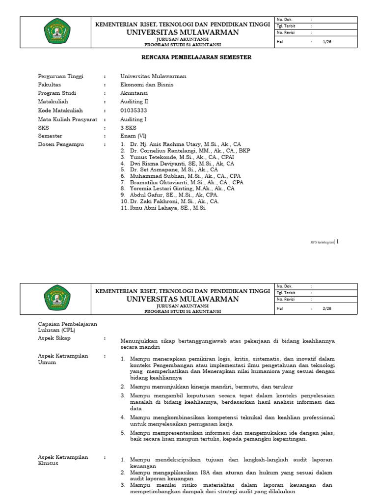 Rencana Pembelajaran Auditing II S1 Akuntansi | PDF | Bisnis