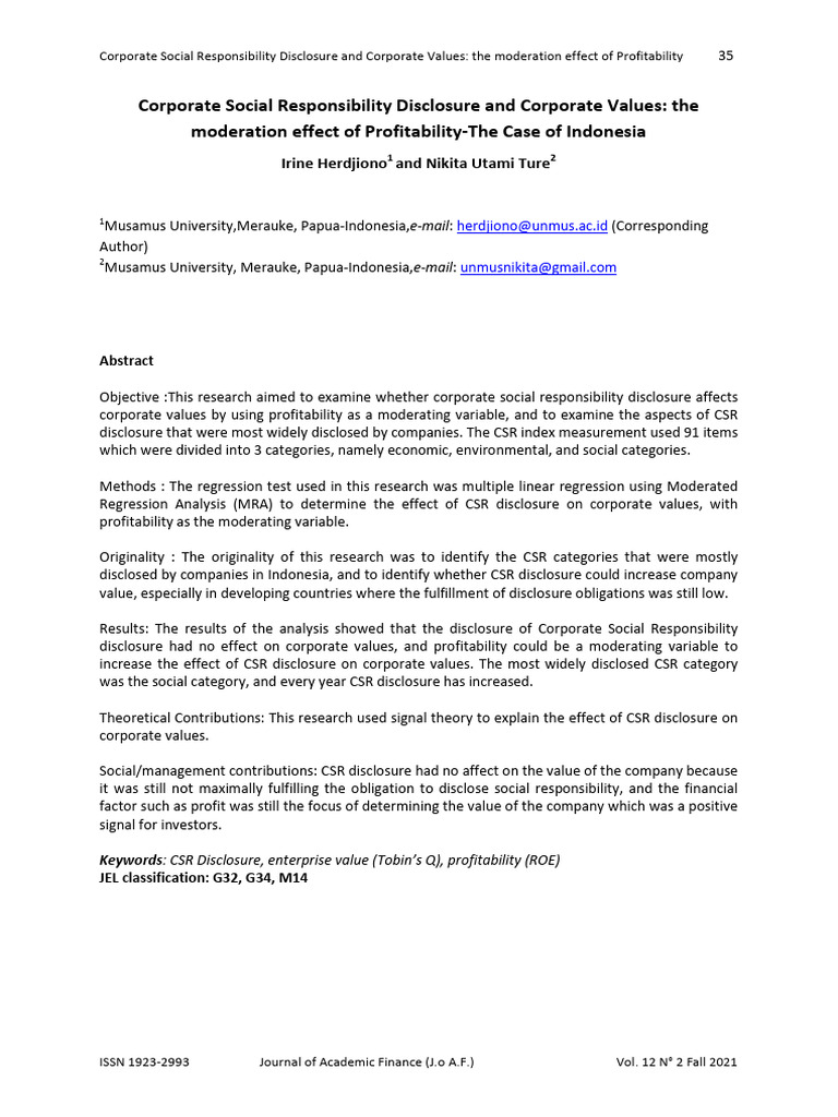 CSR Disclosure Impact on Corporate Values | PDF | Corporate Social ...